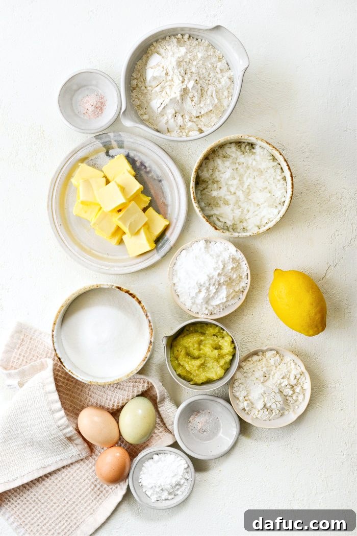 Lemongrass and Coconut Shortbread Bars 4 Ingredients for Lemongrass Bars with Coconut Shortbread Crust - neatly laid out on a kitchen counter