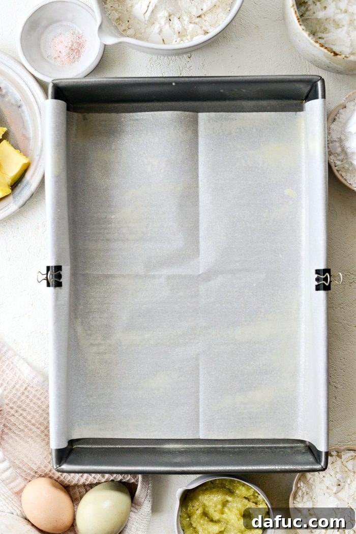 Lemongrass and Coconut Shortbread Bars 5 Prep pan and preheat oven for Lemongrass Bars with Coconut Shortbread Crust
