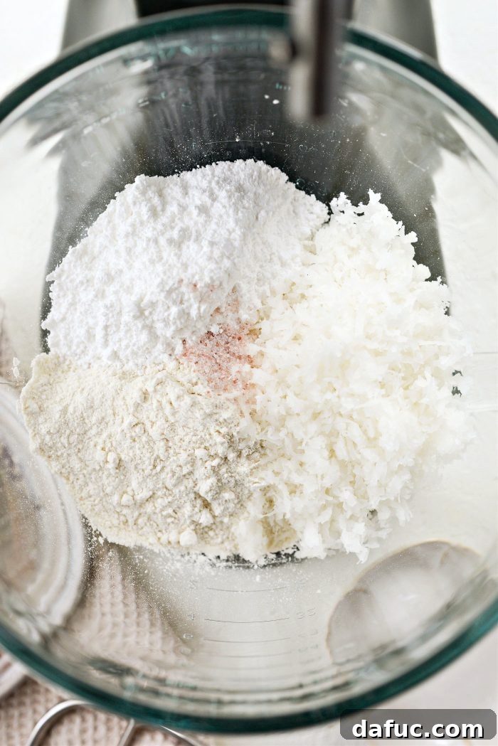 Lemongrass and Coconut Shortbread Bars 6 Flour, coconut, powdered sugar and salt in mixer for Coconut Shortbread Crust