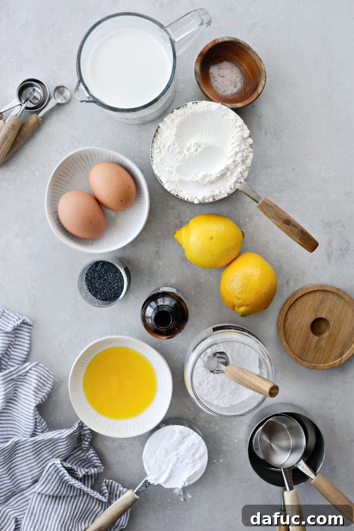 Ingredients for Lemon Poppy Seed Pancakes on a countertop