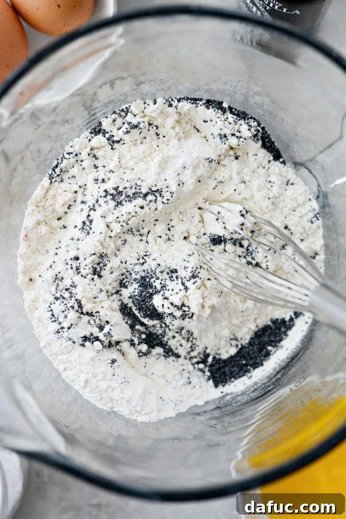 Combining dry ingredients for lemon poppy seed pancakes