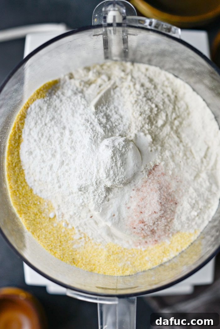 add cornmeal, flour, baking powder, salt and baking soda in food processor