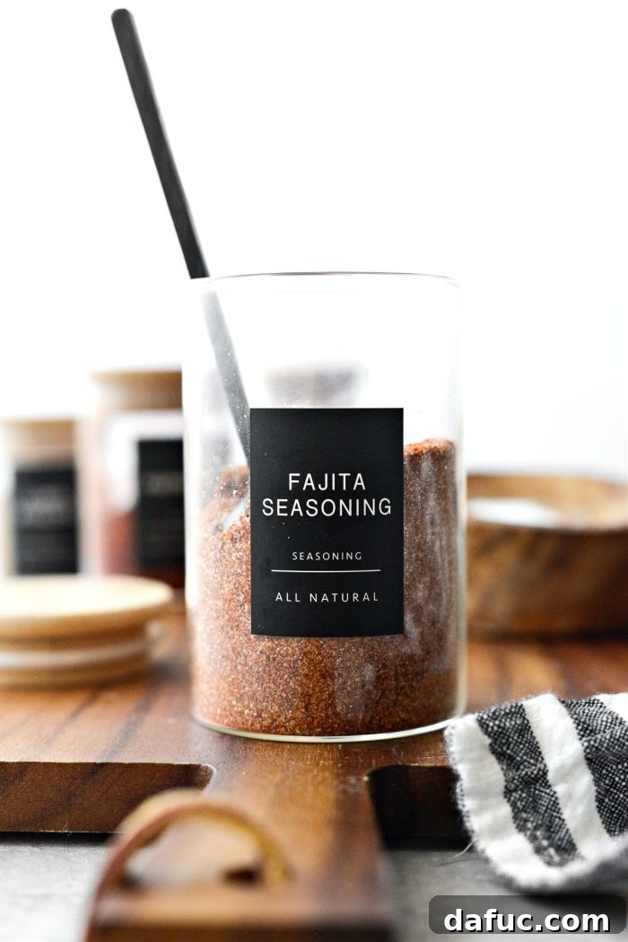Your Secret Fajita Spice Blend 7 Homemade Fajita Seasoning in a jar with label