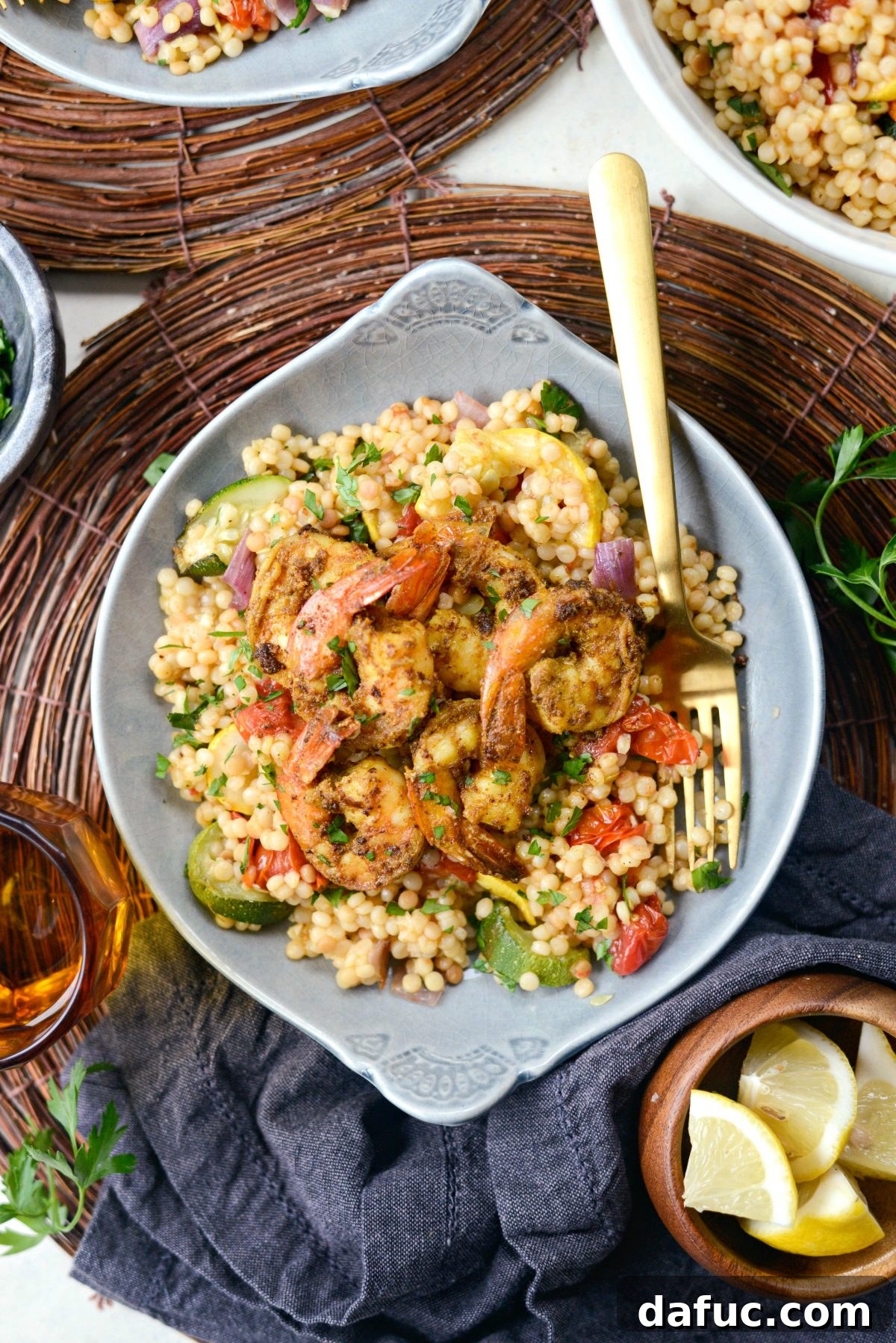 Aromatic North African Shrimp with Vibrant Summer Couscous 17 The vibrant and aromatic North African Shrimp and Couscous dish.