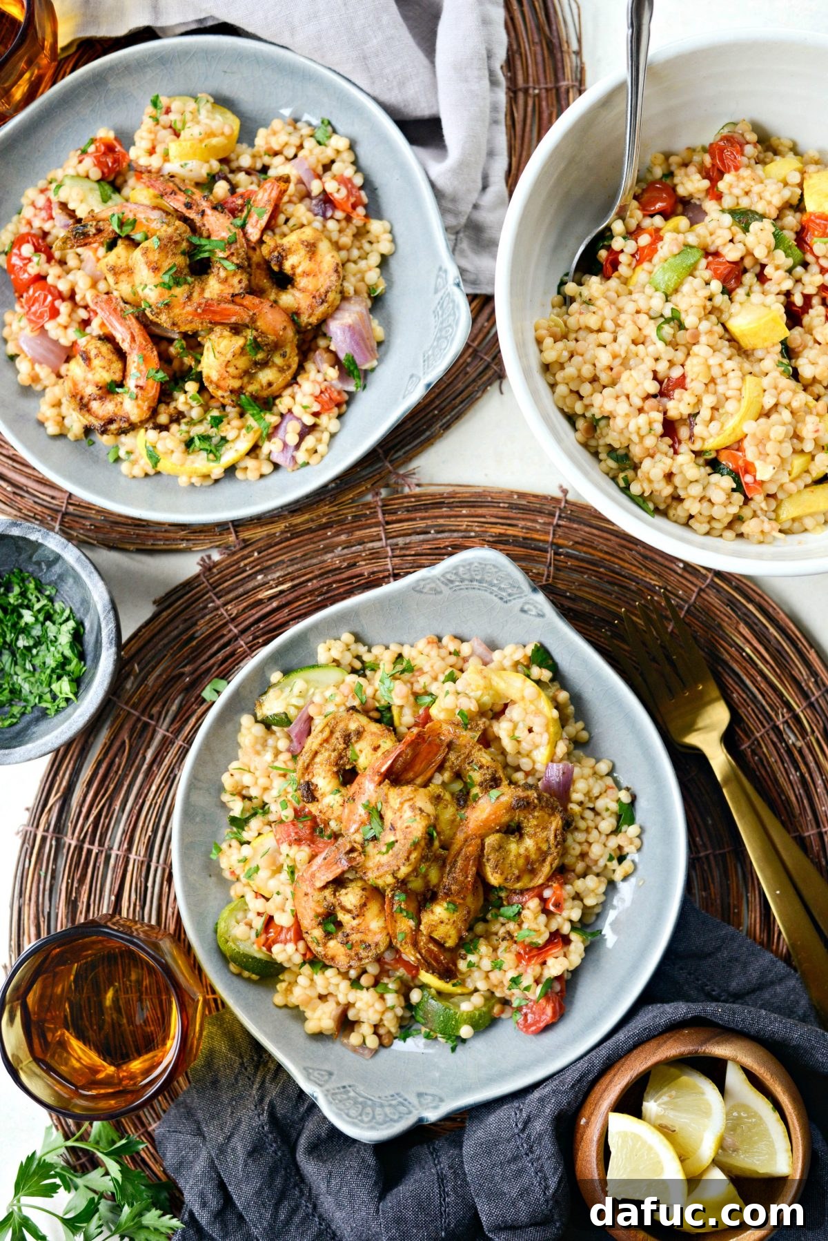 Aromatic North African Shrimp with Vibrant Summer Couscous 21 Beautifully plated North African Shrimp with Roasted Summer Vegetable Couscous, perfect for sharing.