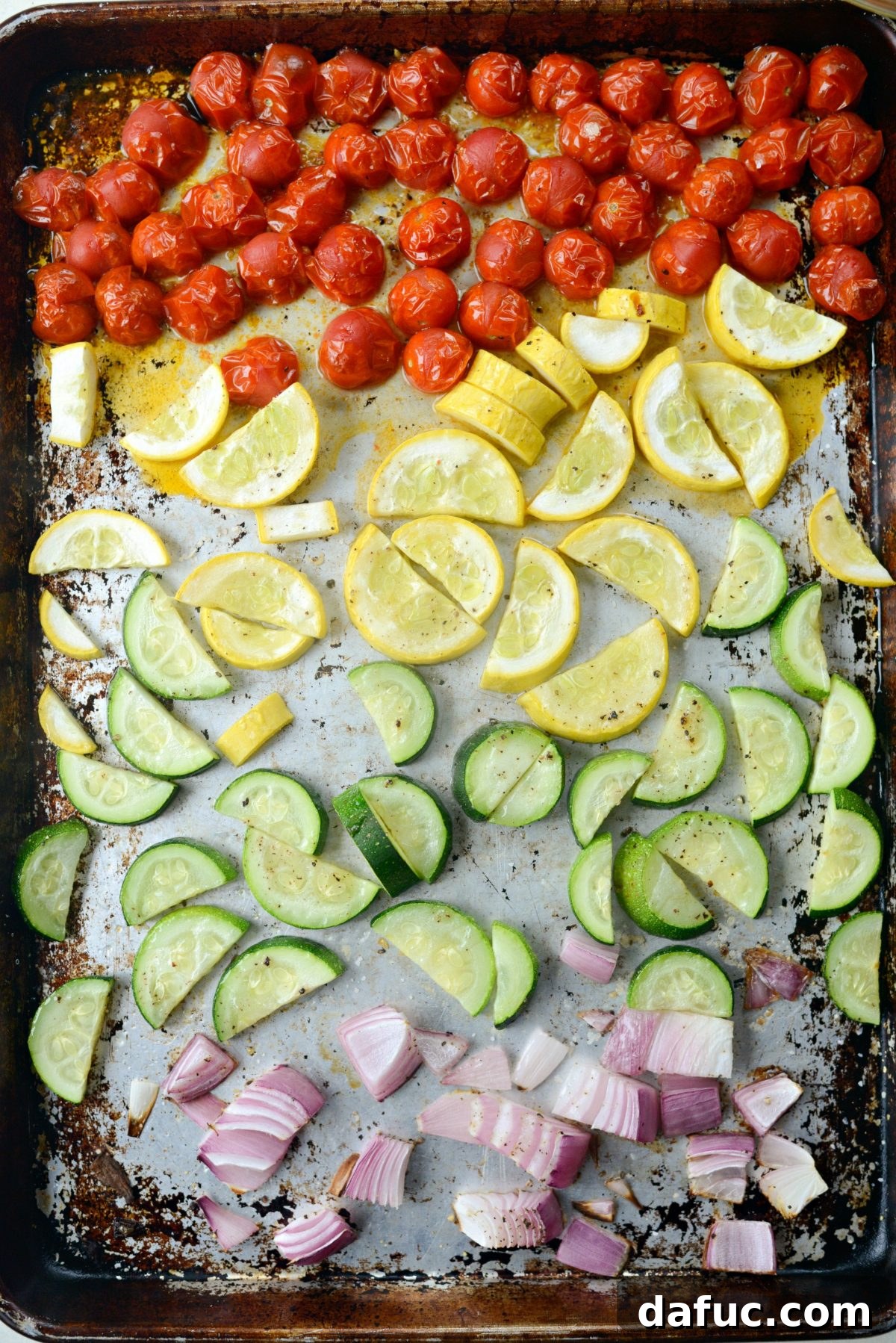 Aromatic North African Shrimp with Vibrant Summer Couscous 8 Fresh summer vegetables roasting for the couscous.