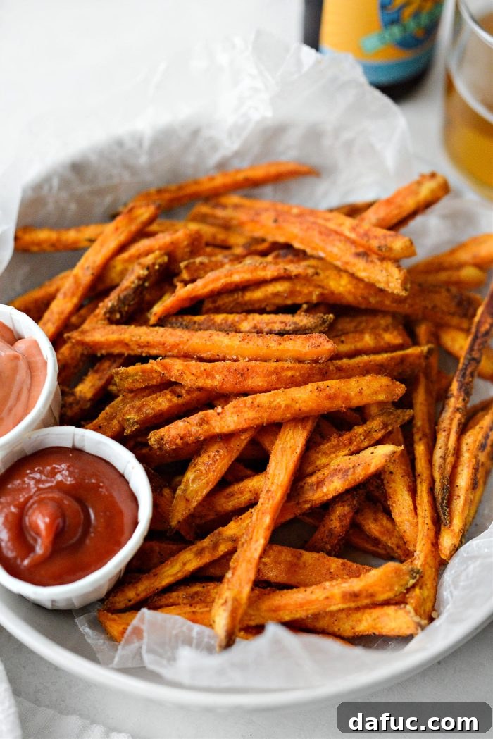 A plate of freshly baked crispy sweet potato fries with a side of dipping sauce