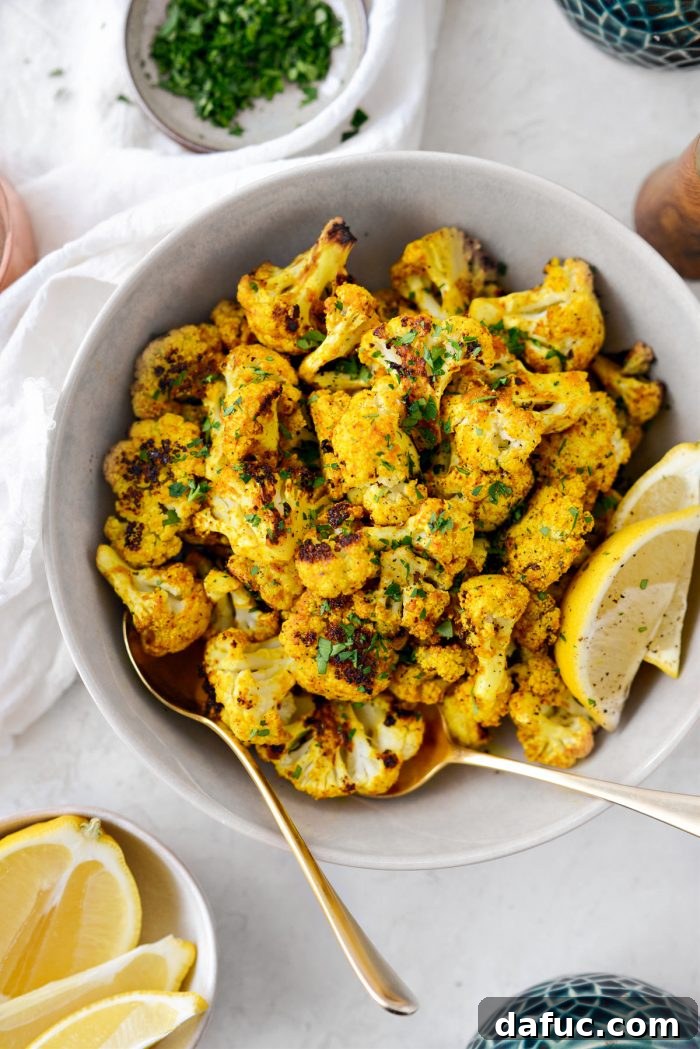 Golden Curry Roasted Cauliflower 12 Close-up of roasted curry cauliflower ready to serve