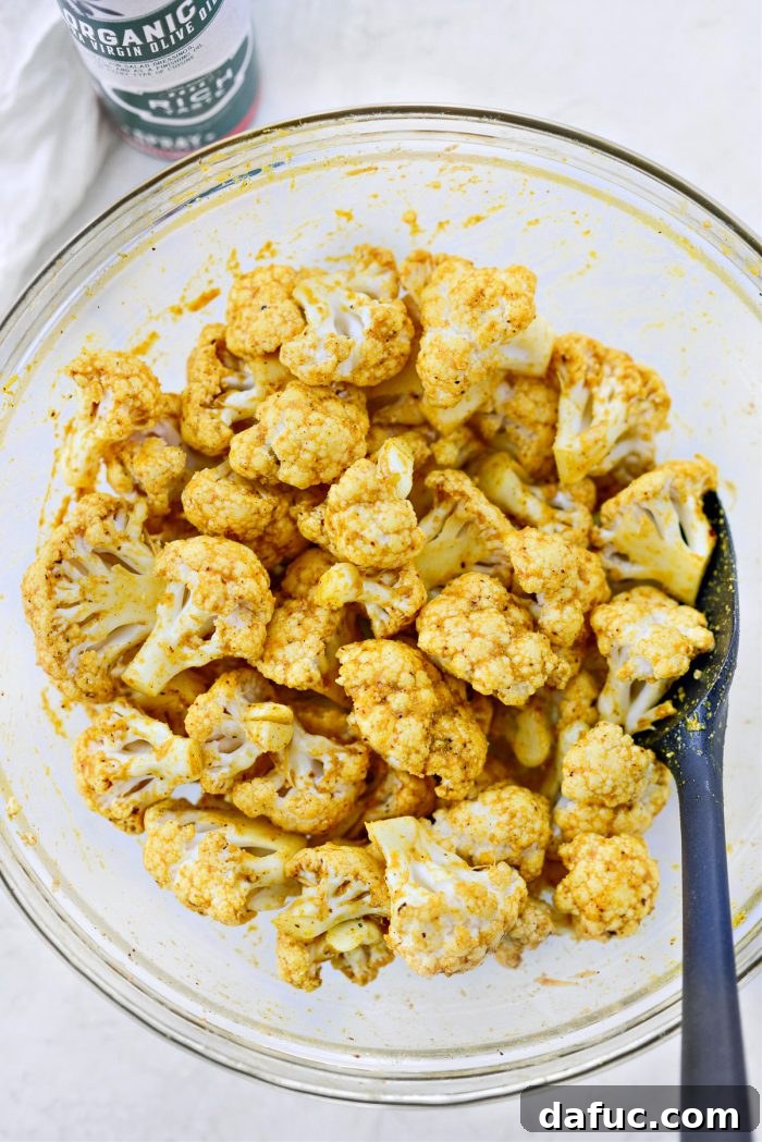 Golden Curry Roasted Cauliflower 8 Curry coated cauliflower ready for roasting