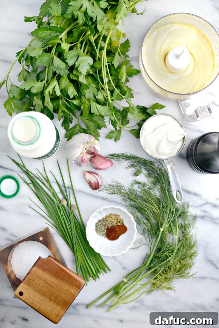 Farmhouse Ranch 3 Ingredients for Buttermilk Ranch Dressing laid out on a table