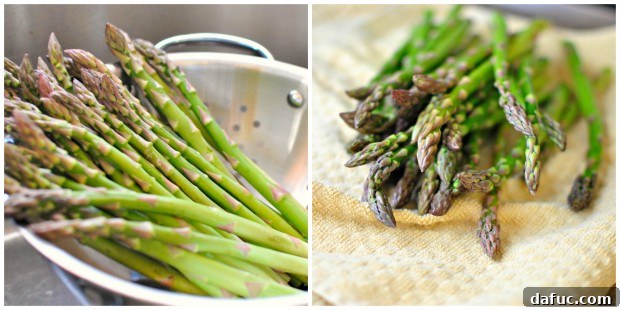 Rinsing and towel drying asparagus spears