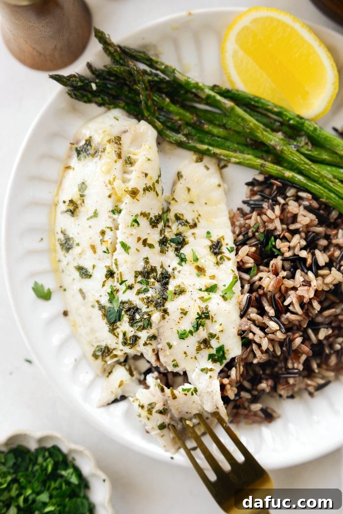 Another view of the Sheet Pan Lemon Garlic Tilapia with Asparagus dish
