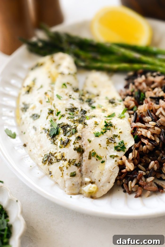 Sheet Pan Lemon Garlic Tilapia with Asparagus ready to be served