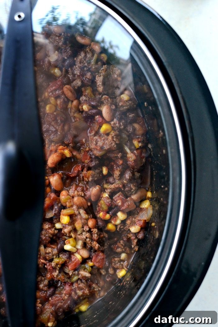 Fiesta Slow Cooker Taco Chili 10 Stirring the Slow Cooker Taco Chili ingredients in the crock pot before covering and setting it to cook for several hours.