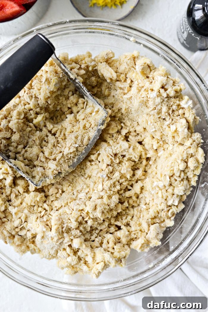 Crumbly streusel mixture after cutting in butter
