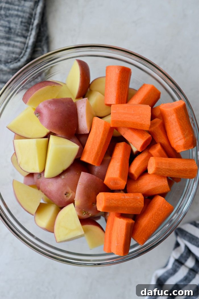 Hearty Homestyle Beef Pot Roast 13 Prepped carrots and potatoes, ready to be added.