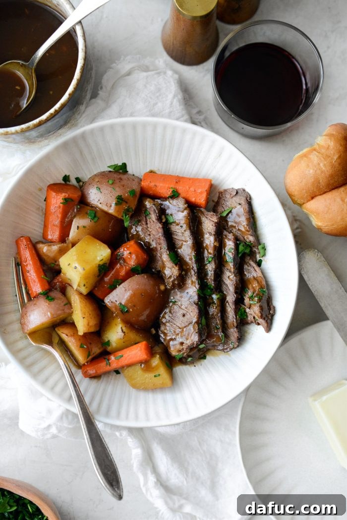 Hearty Homestyle Beef Pot Roast 18 Classic Beef Pot Roast garnished with parsley.