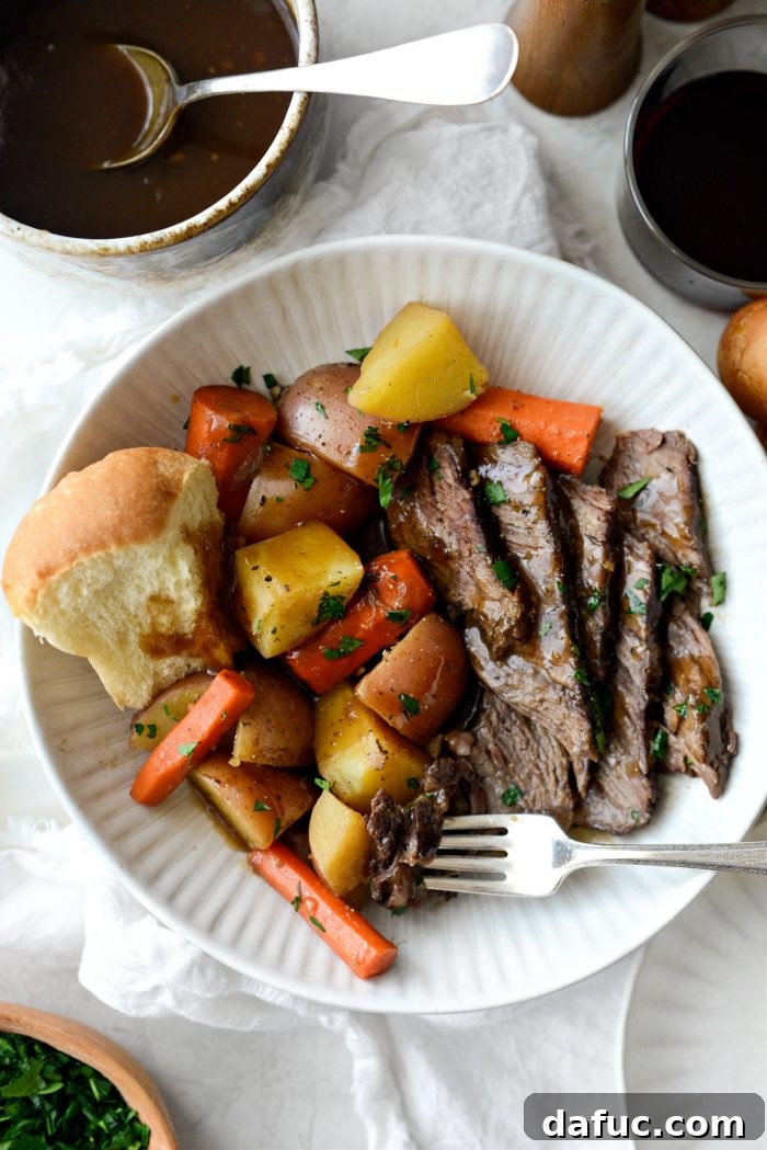 Hearty Homestyle Beef Pot Roast 21 Finished pot roast served in a bowl.