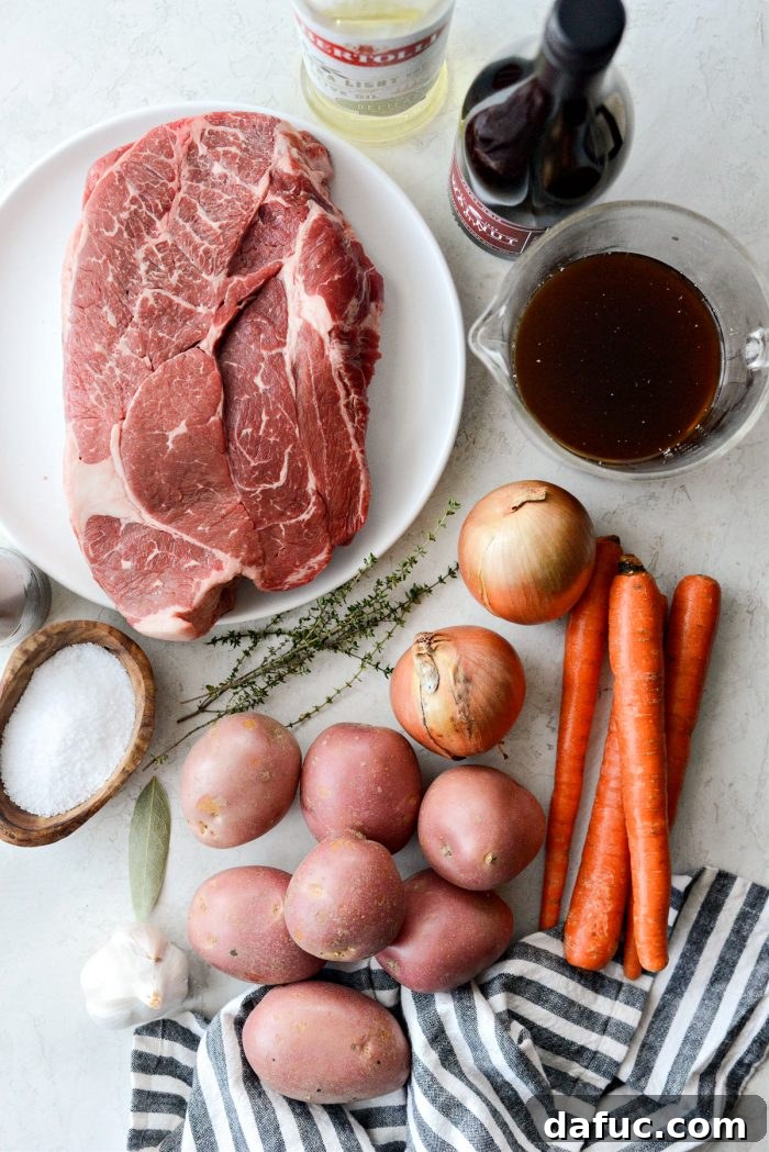 Hearty Homestyle Beef Pot Roast 4 Classic Pot Roast Recipe ingredients laid out