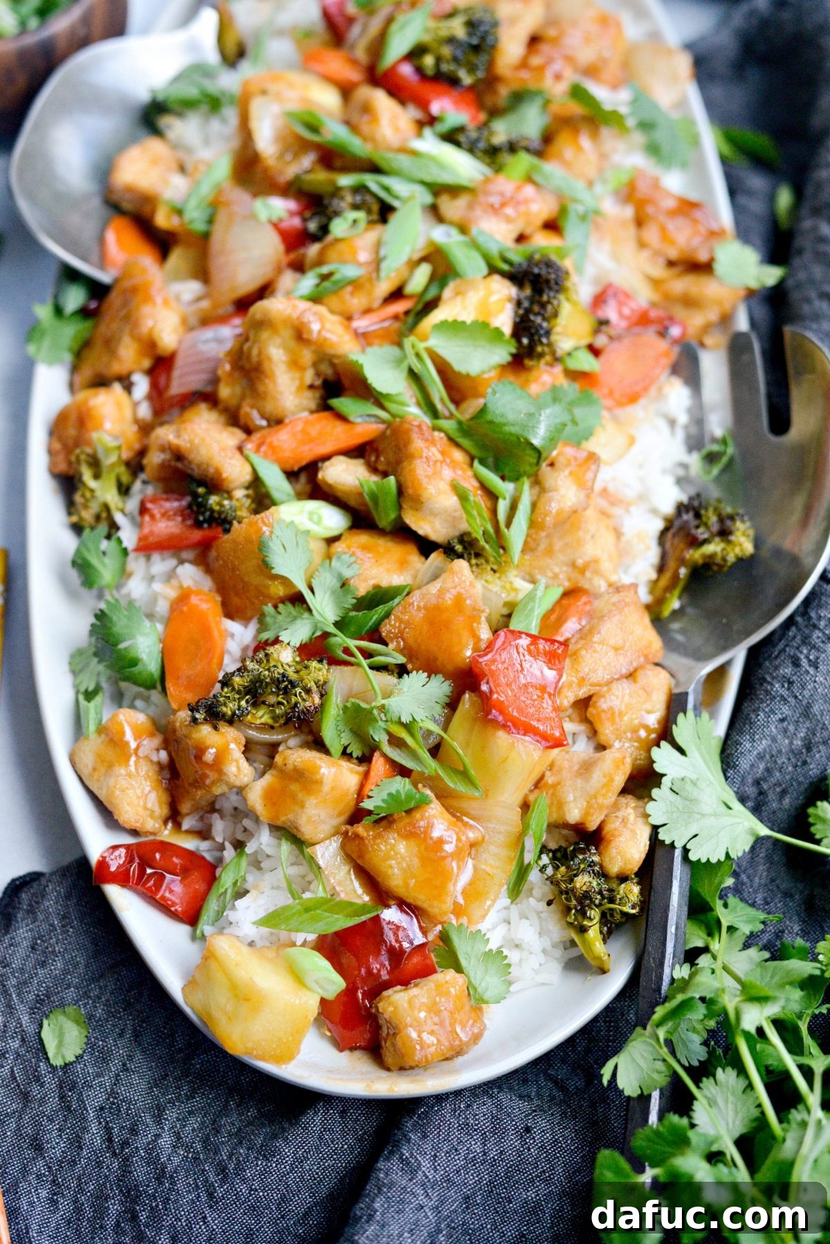 close up of Homemade Sweet and Sour Chicken with rice