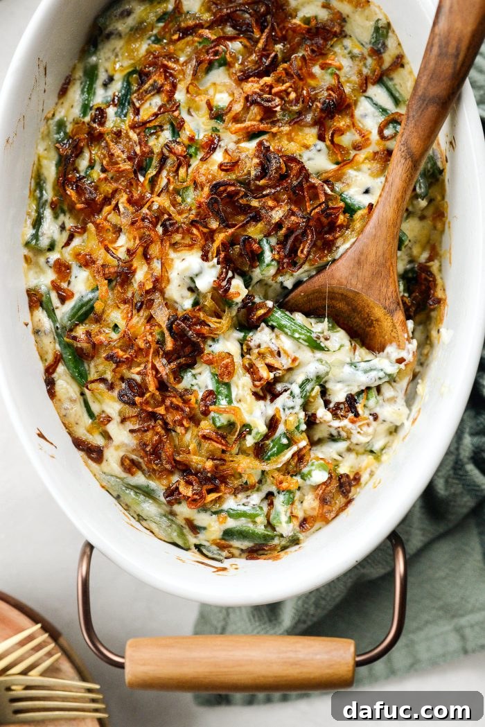 Crispy Shallot Green Bean Casserole 2 Green Bean Casserole with Fried Shallots, showcasing a beautifully baked casserole dish with a golden-brown crispy topping.