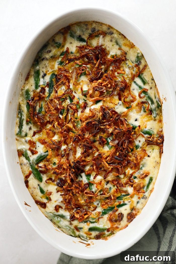 Crispy Shallot Green Bean Casserole 26 The finished Green Bean Casserole with Fried Shallots, resting after baking, ready to be served.