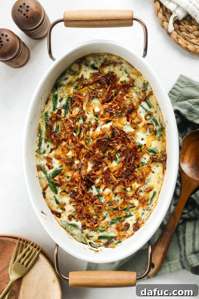 Crispy Shallot Green Bean Casserole 27 Homemade Green Bean Casserole with Fried Shallots, ready to be enjoyed.