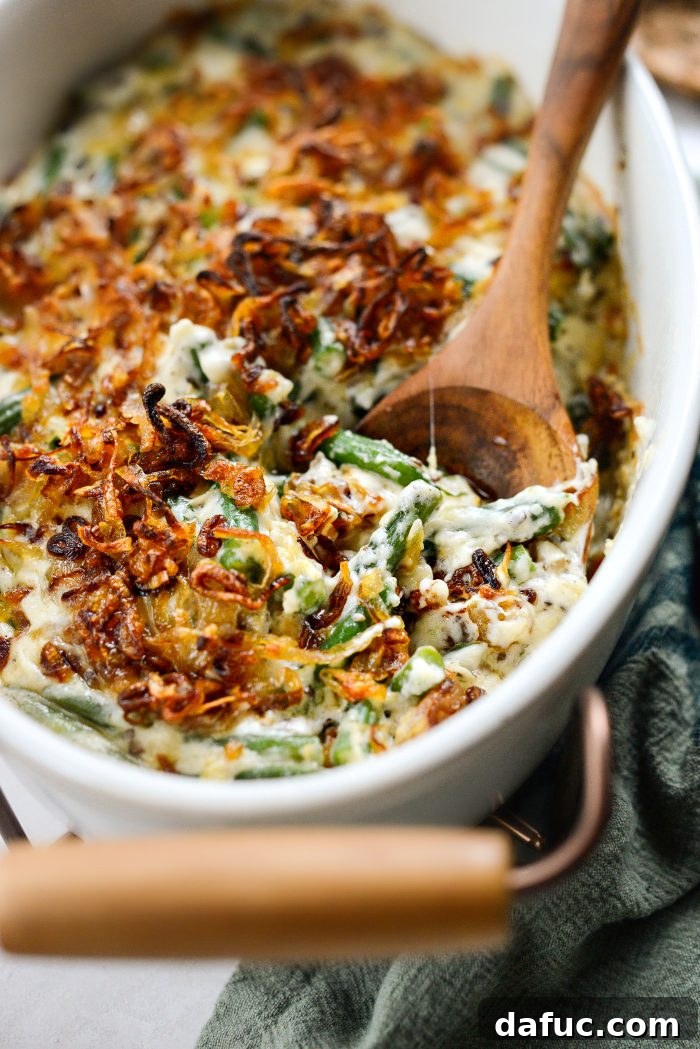 Crispy Shallot Green Bean Casserole 29 Another angle of the delicious Green Bean Casserole with Fried Shallots, emphasizing its holiday appeal.