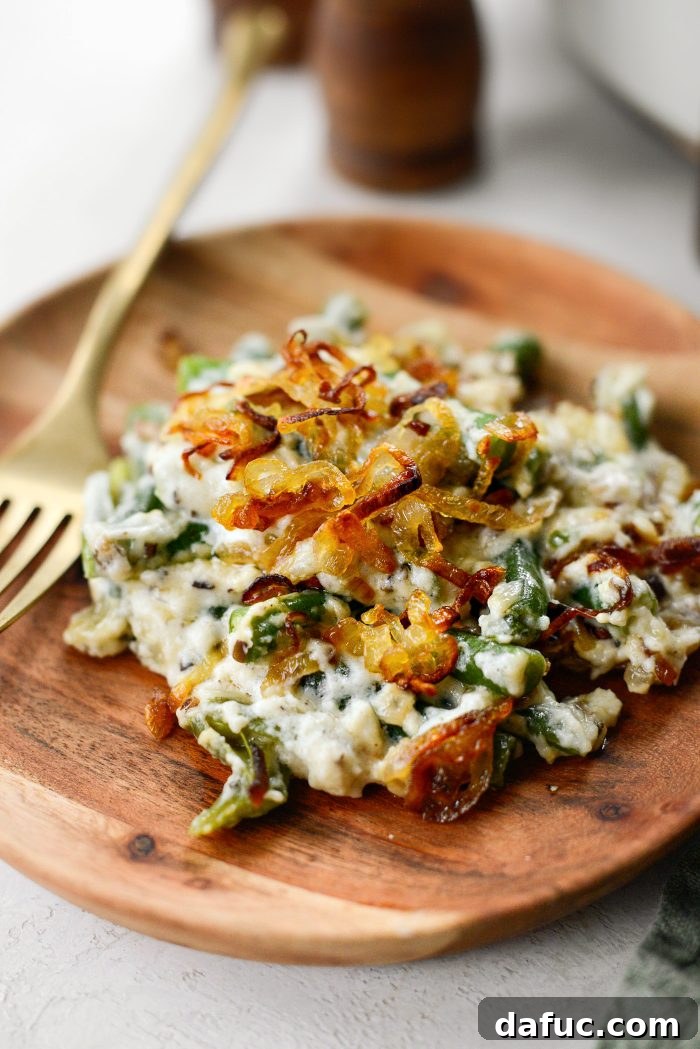 Crispy Shallot Green Bean Casserole 30 The final beautifully plated Green Bean Casserole with Fried Shallots.