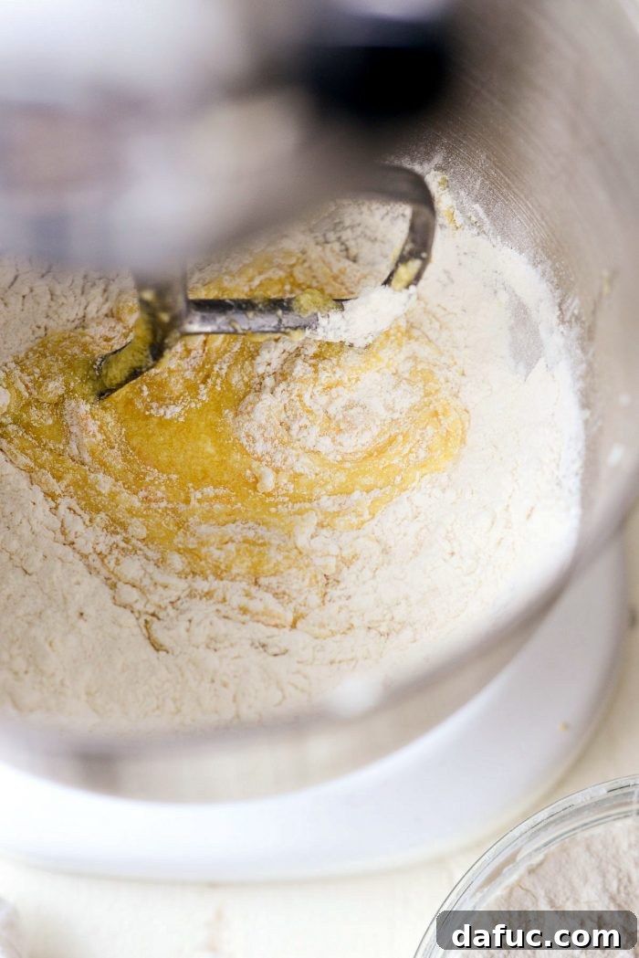 Martha Sweet Rhubarb Flip 19 Adding dry ingredients to the wet cake batter