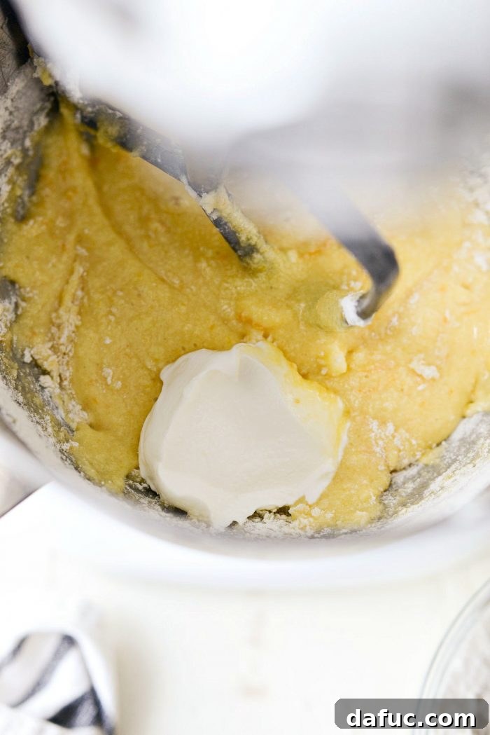 Martha Sweet Rhubarb Flip 20 Alternating addition of dry ingredients and sour cream to the cake batter