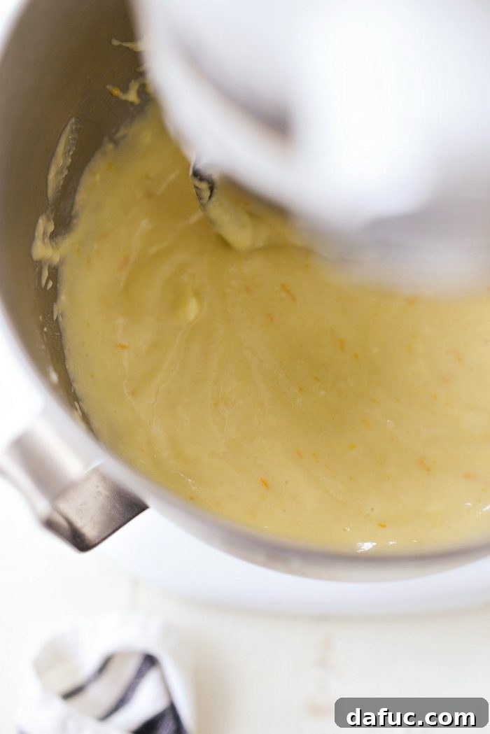 Martha Sweet Rhubarb Flip 21 Finished cake batter in a stand mixer bowl, smooth and ready to be used