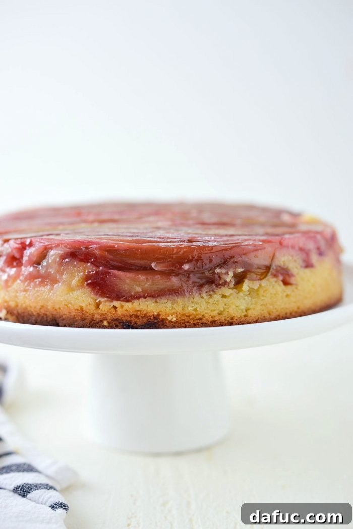 Martha Sweet Rhubarb Flip 27 Side view of Martha's Rhubarb Upside Down Cake, showcasing its layers and height