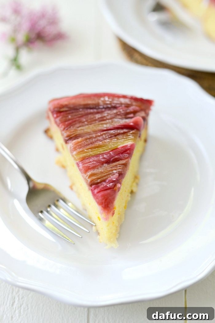 Martha Sweet Rhubarb Flip 28 A perfectly sliced piece of Martha's Rhubarb Upside Down Cake