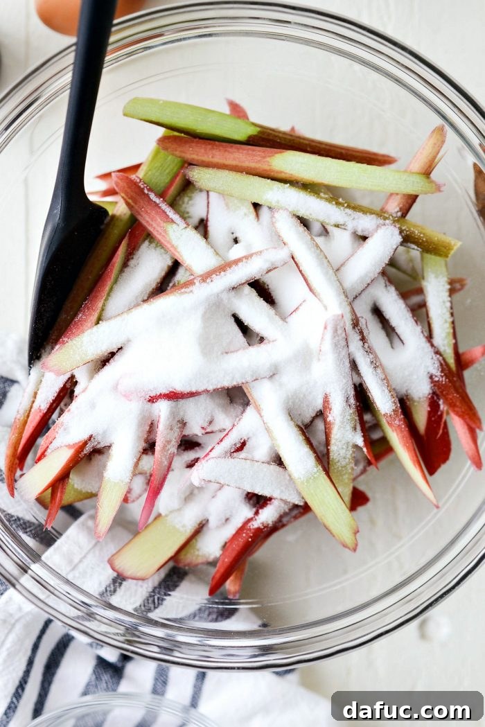 Martha Sweet Rhubarb Flip 8 Sliced rhubarb and sugar mixed together in a bowl