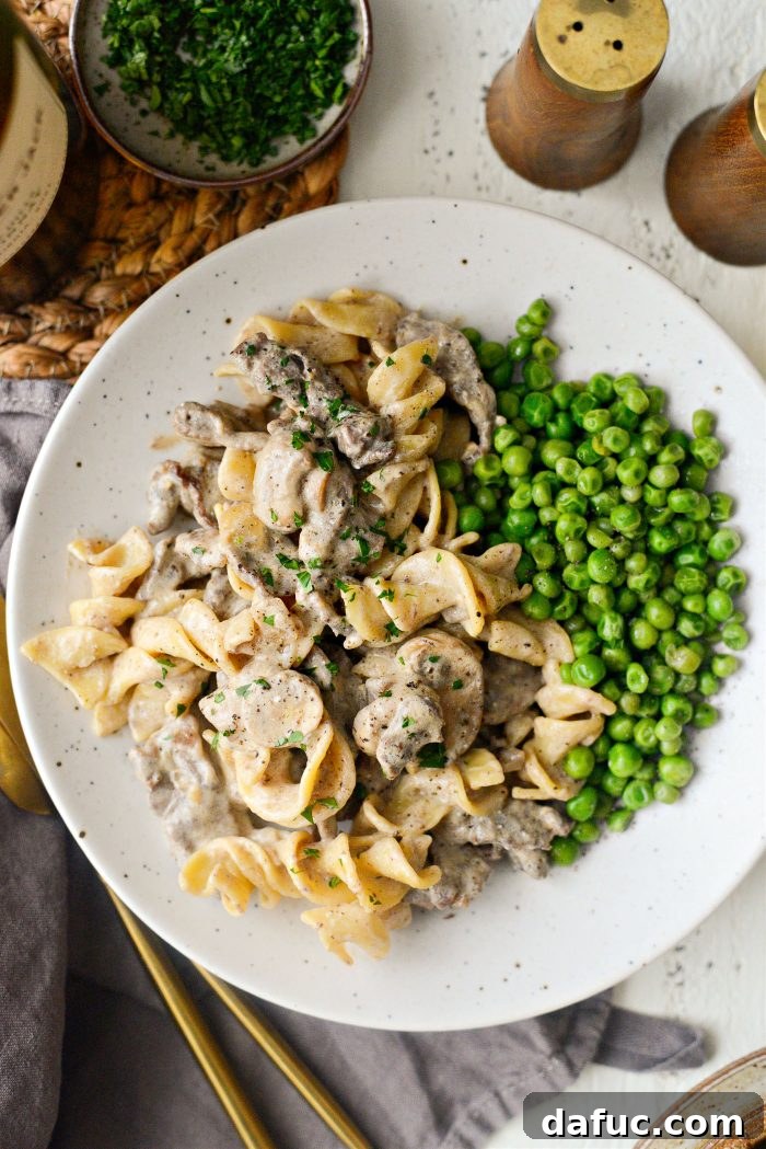 Hearty Homestyle Beef Stroganoff 2 Classic Beef Stroganoff with tender steak and creamy mushroom sauce