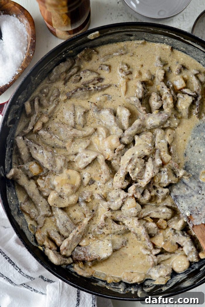 Hearty Homestyle Beef Stroganoff 24 Stirring beef and mushrooms into the sauce until combined