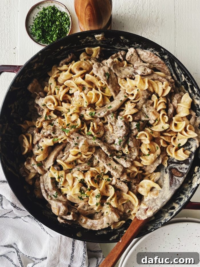 Hearty Homestyle Beef Stroganoff 26 Finished Beef Stroganoff dish in a skillet, ready to serve