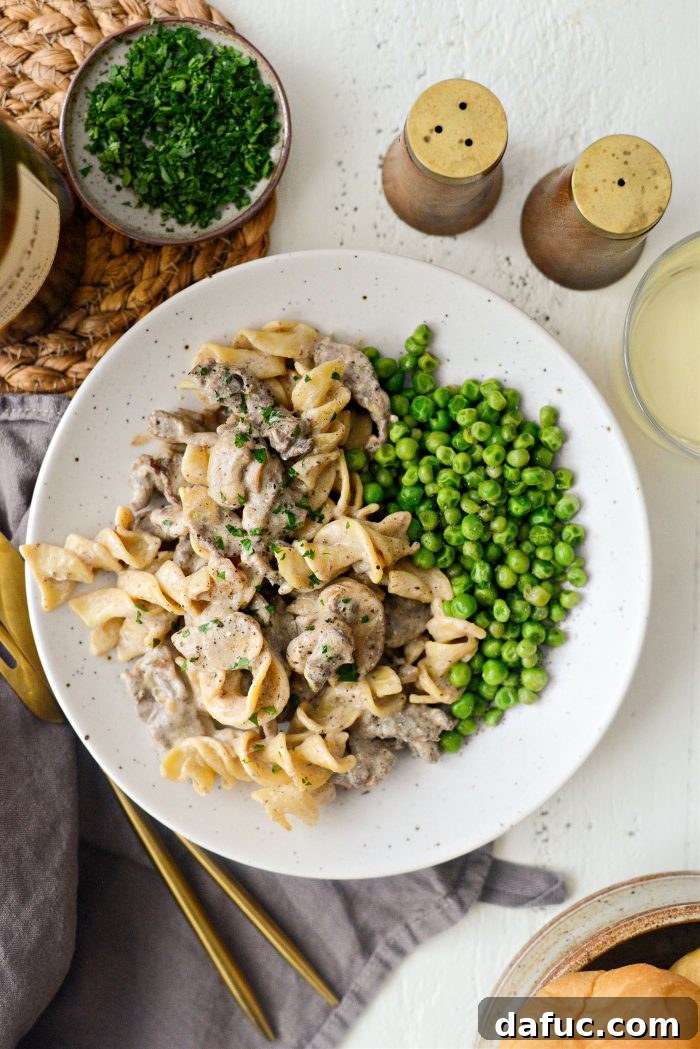 Hearty Homestyle Beef Stroganoff 27 Close-up of a serving of homemade Beef Stroganoff