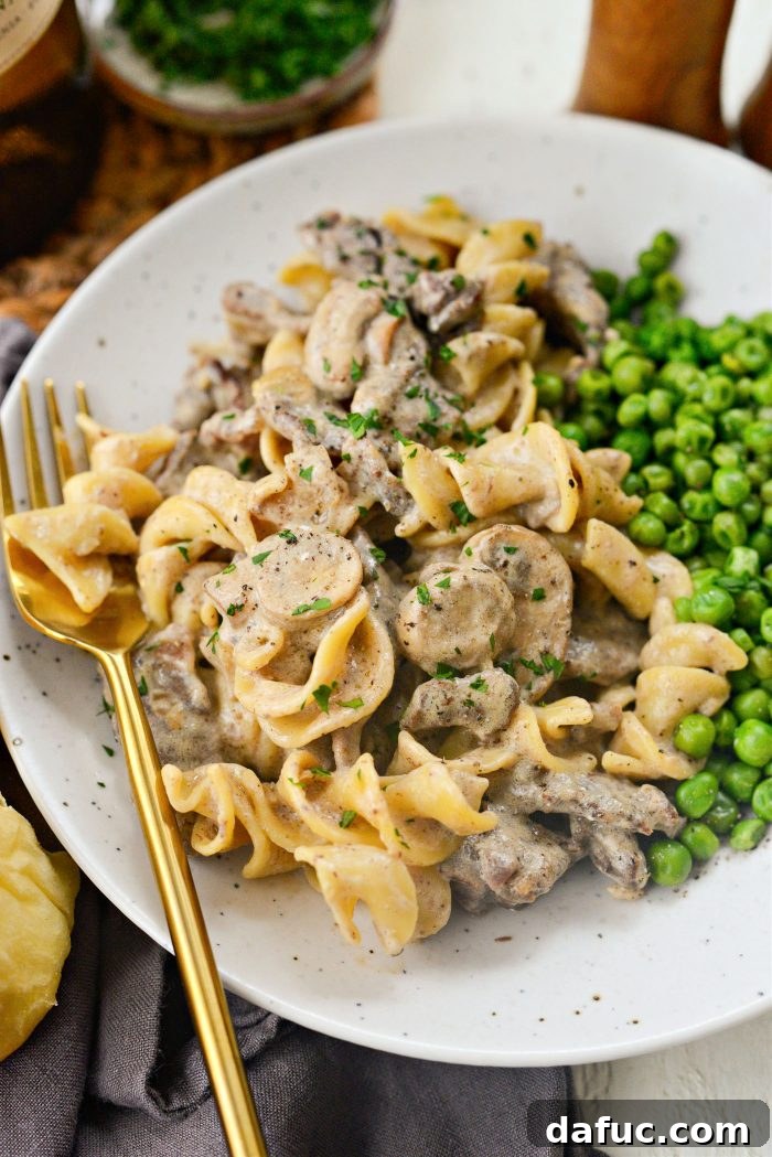Hearty Homestyle Beef Stroganoff 29 Plated serving of homemade Beef Stroganoff with a fork