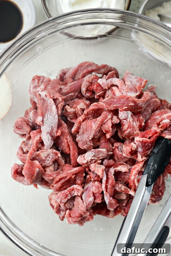 Hearty Homestyle Beef Stroganoff 7 Thinly sliced steak tossed thoroughly with salt and flour