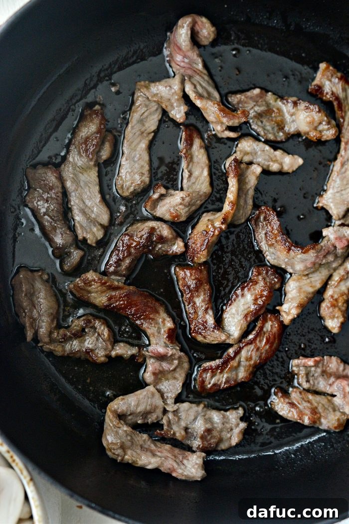 Hearty Homestyle Beef Stroganoff 10 Crispy browned sliced beef after searing