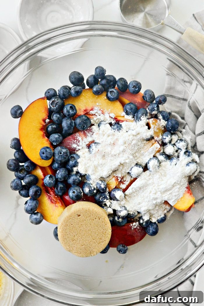 Rustic Peach and Blueberry Galette 6 filling ingredients in bowl