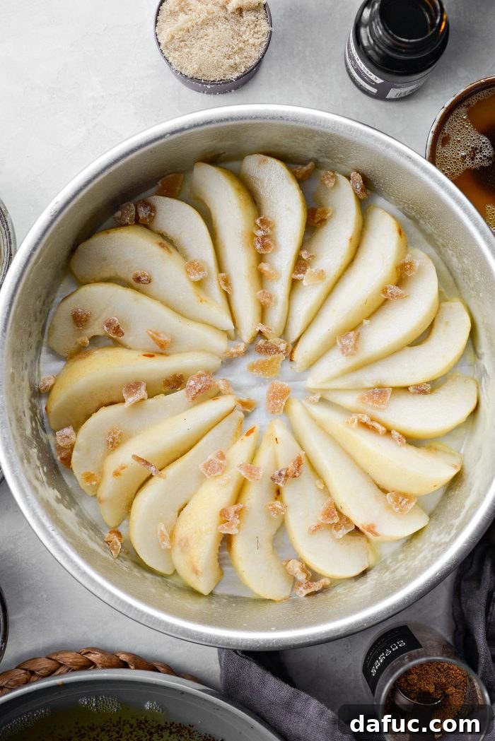Caramelized Ginger Pear Invert 6 Arranging pear slices and topping with candied ginger