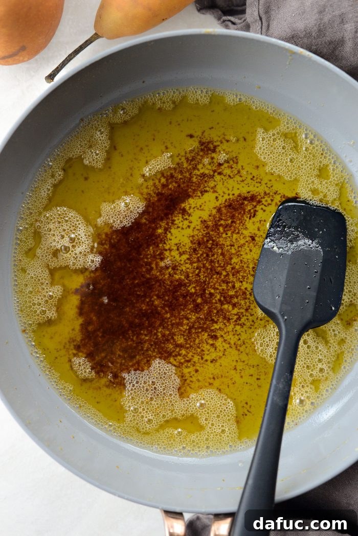 Caramelized Ginger Pear Invert 7 Close-up of browning butter in a skillet
