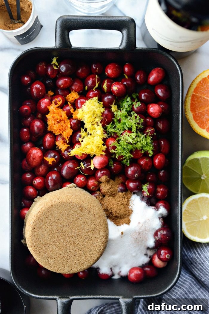 Decadent Cabernet Roasted Cranberry Sauce 6 add cranberries, citrus zest, brown and white sugar, salt and cinnamon.
