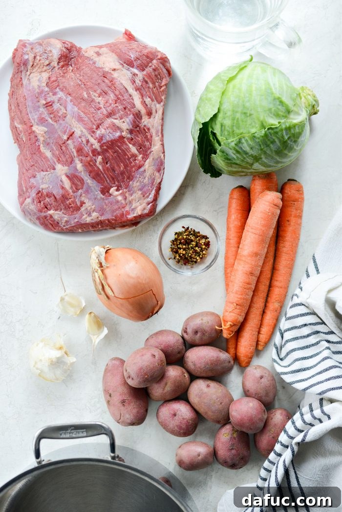 Succulent Corned Beef and Cabbage 4 Ingredients for a classic Corned Beef and Cabbage dinner laid out: brisket, carrots, potatoes, cabbage, and pickling spices