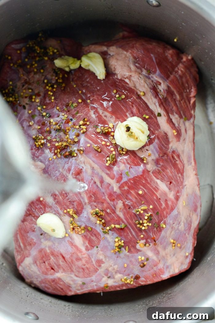 Savory Brisket and Cabbage Delight 7 corned beef, seasoning, garlic and water in a pot.