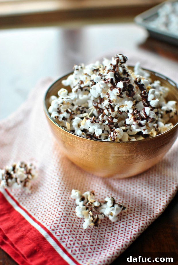 Close-up of Dark Chocolate Sea Salt and Toasted Coconut Popcorn