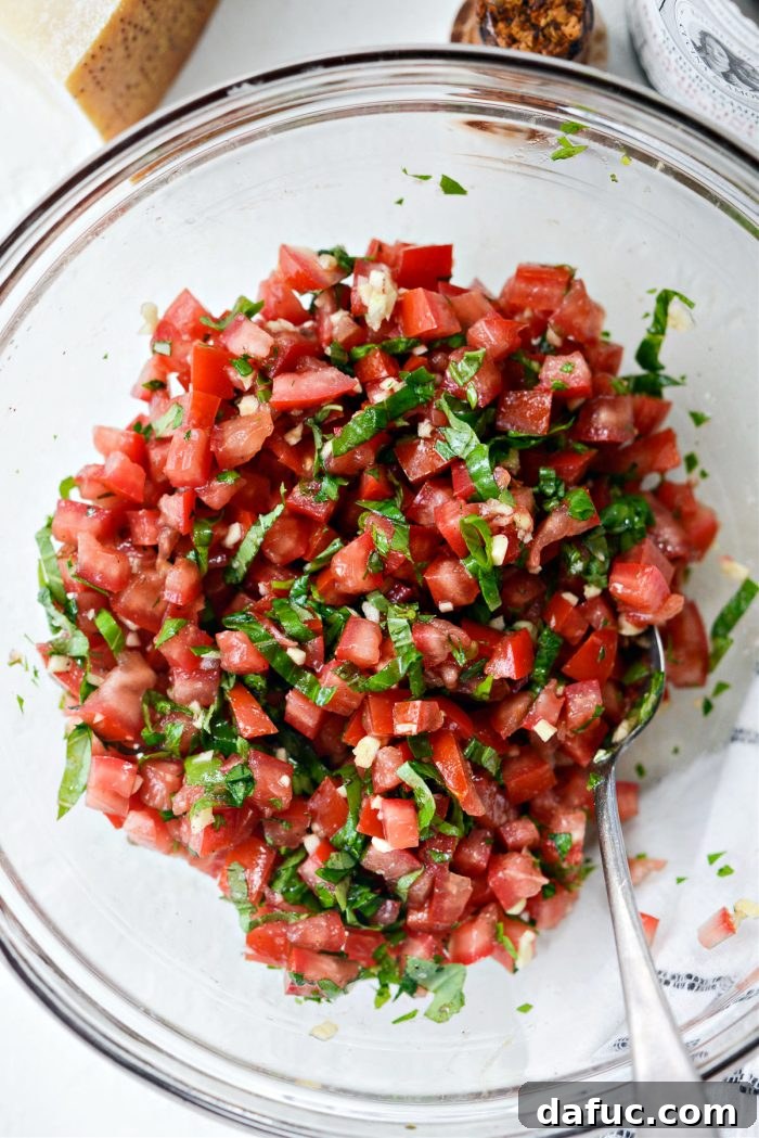 Vibrant Bruschetta Chicken Pizza 10 Mixed tomato and basil bruschetta topping in a bowl, ready to use